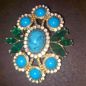 Beautiful Blue Faux Tourquoise And Green Rhinestone Sarah Coventry Brooch